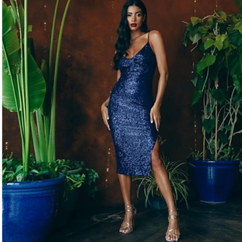 skirt and Stiletto Women’s Navy Blue Sleeveless Sequin Midi Dress
